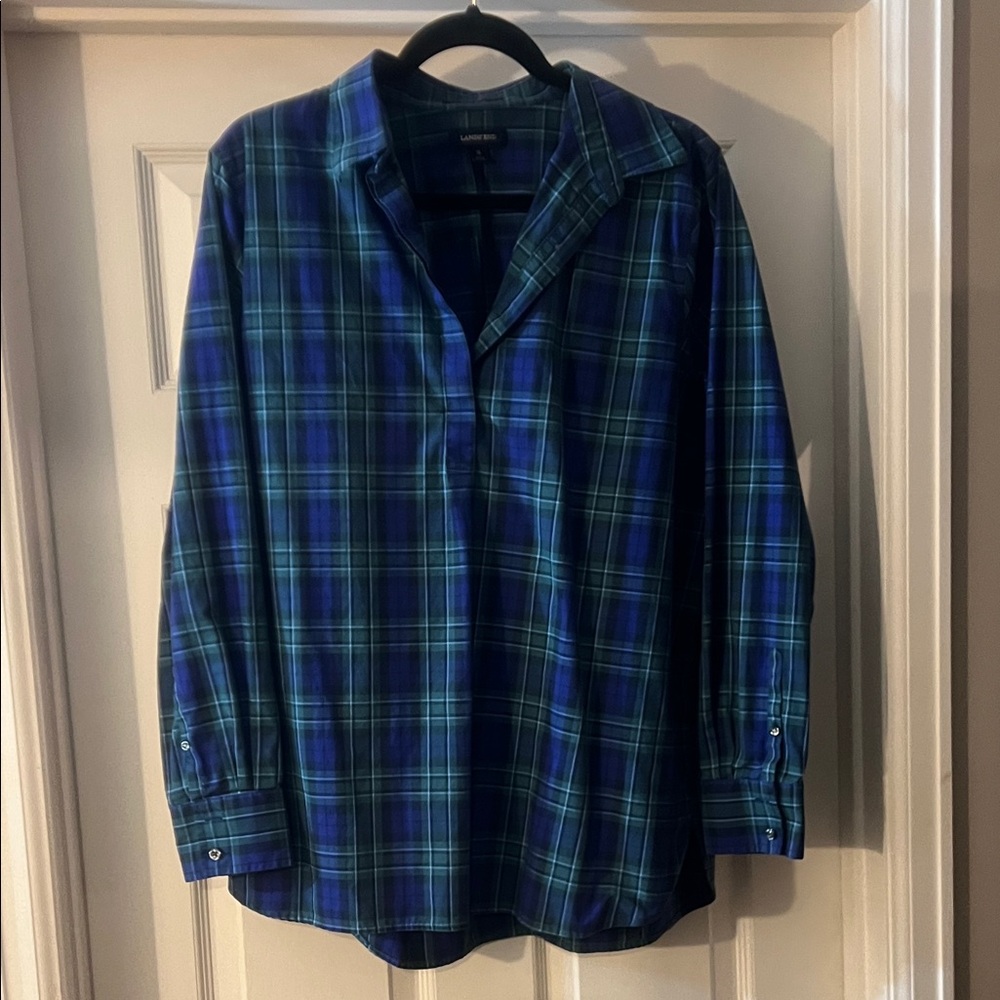 Lands' End Men's Green and Blue Checkered Shirt